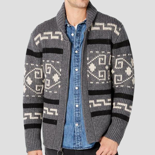 Oliver | Geometrisk Stickad Herr-Cardigan med Slag