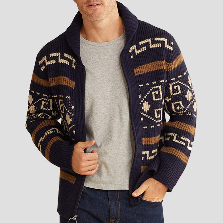 Oliver | Geometrisk Stickad Herr-Cardigan med Slag